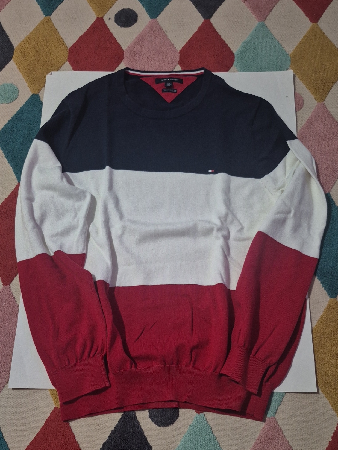 Tommy Hilfiger Men’s Navy White Red Block Crewneck Sweater